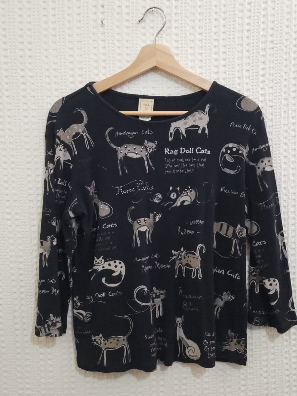 Vintage Jess & Jane Cat Print Top USA Small Black Artsy Graphic Tee - Picture 4 of 12